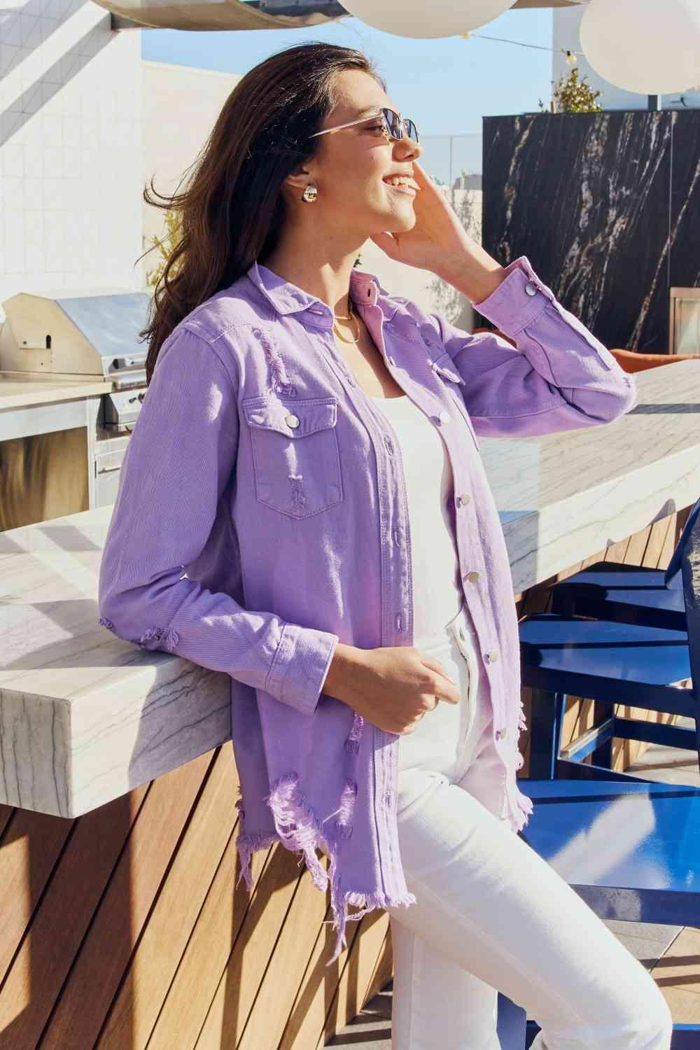 American Bazi Full Size Distressed Button Down Denim Jacket in Lavender - Immenzive