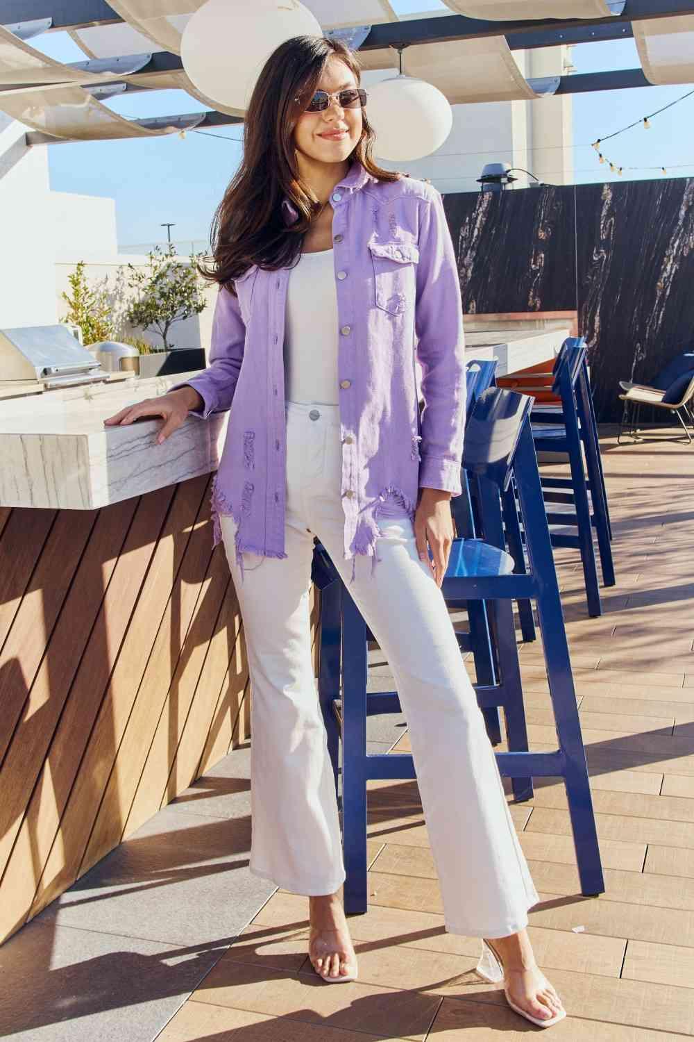 American Bazi Full Size Distressed Button Down Denim Jacket in Lavender - Immenzive