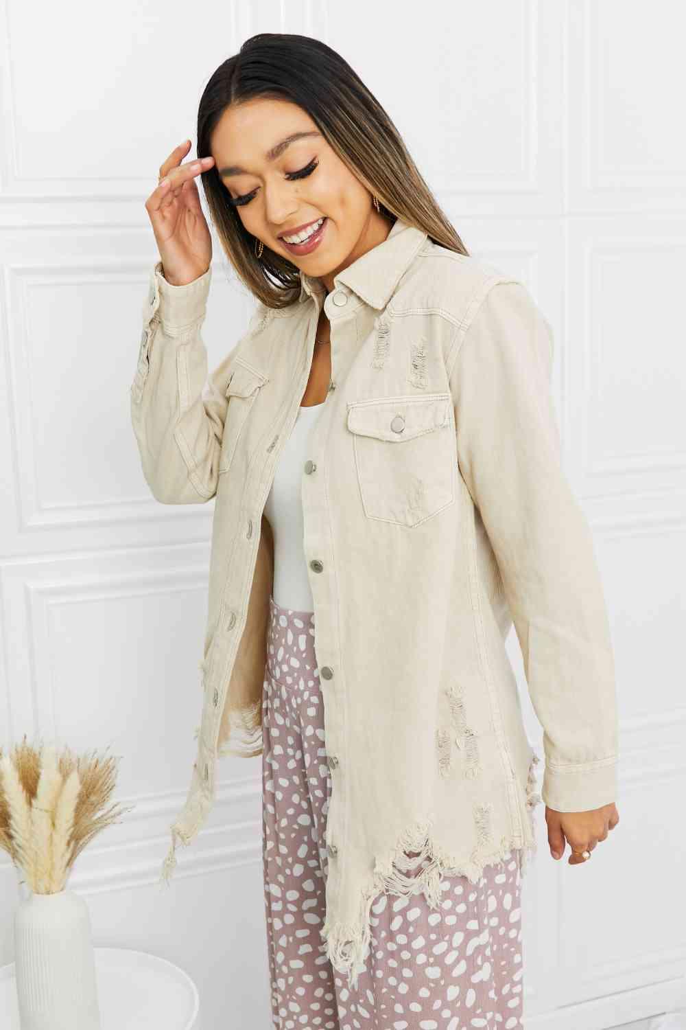 American Bazi Full Size Distressed Button Down Denim Jacket in Sand - Immenzive