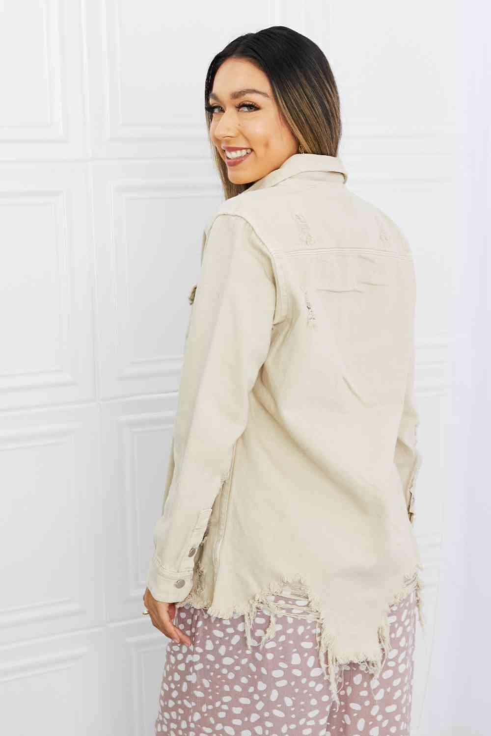 American Bazi Full Size Distressed Button Down Denim Jacket in Sand - Immenzive