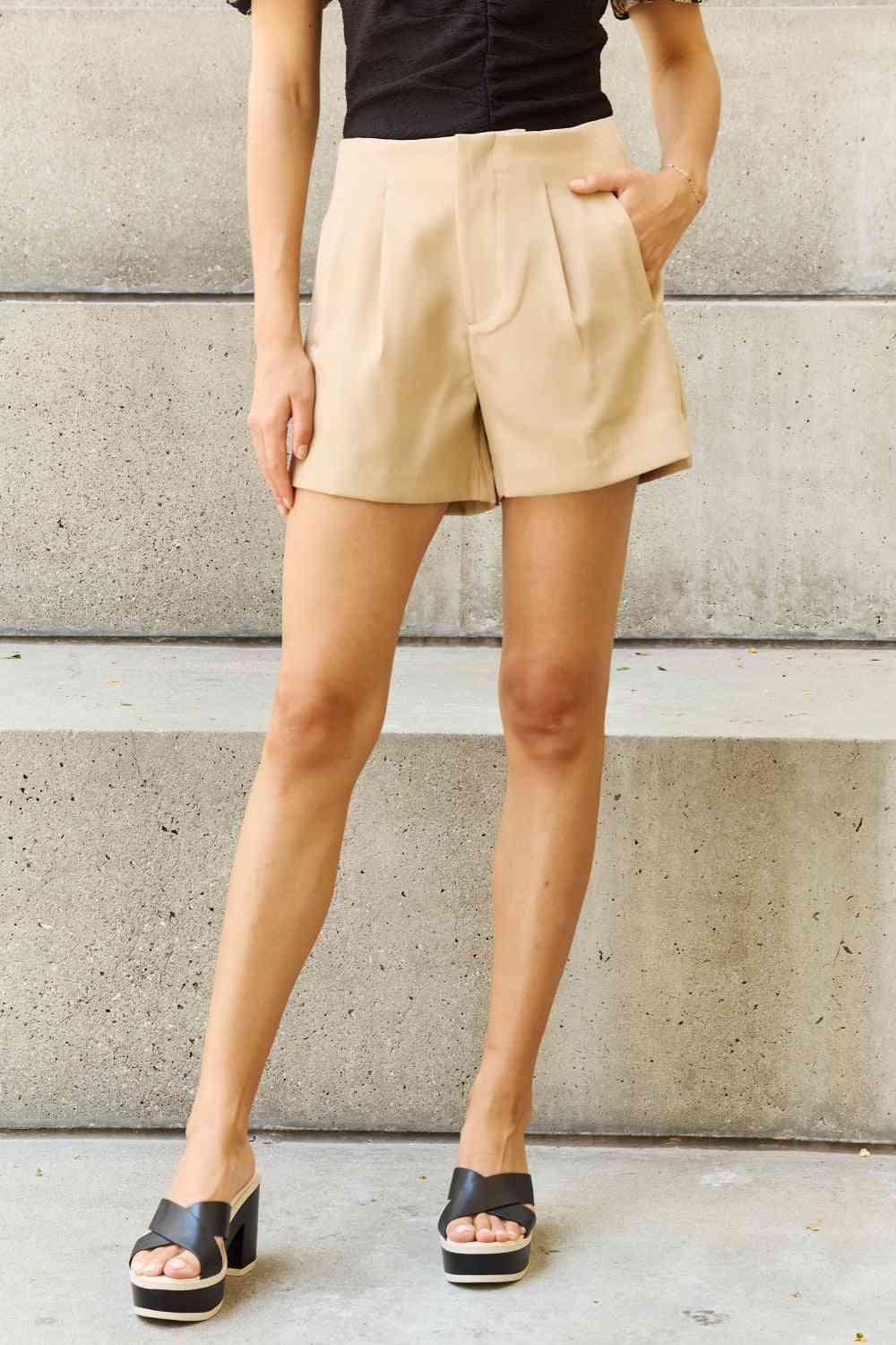 And The Why Every Little Thing Full Size Pleated High Waisted Shorts in Sand - Immenzive