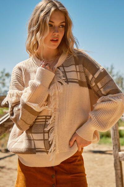 And The Why Plaid Pattern Color Block Fringe Sweater - Immenzive