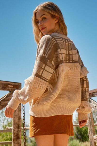 And The Why Plaid Pattern Color Block Fringe Sweater - Immenzive
