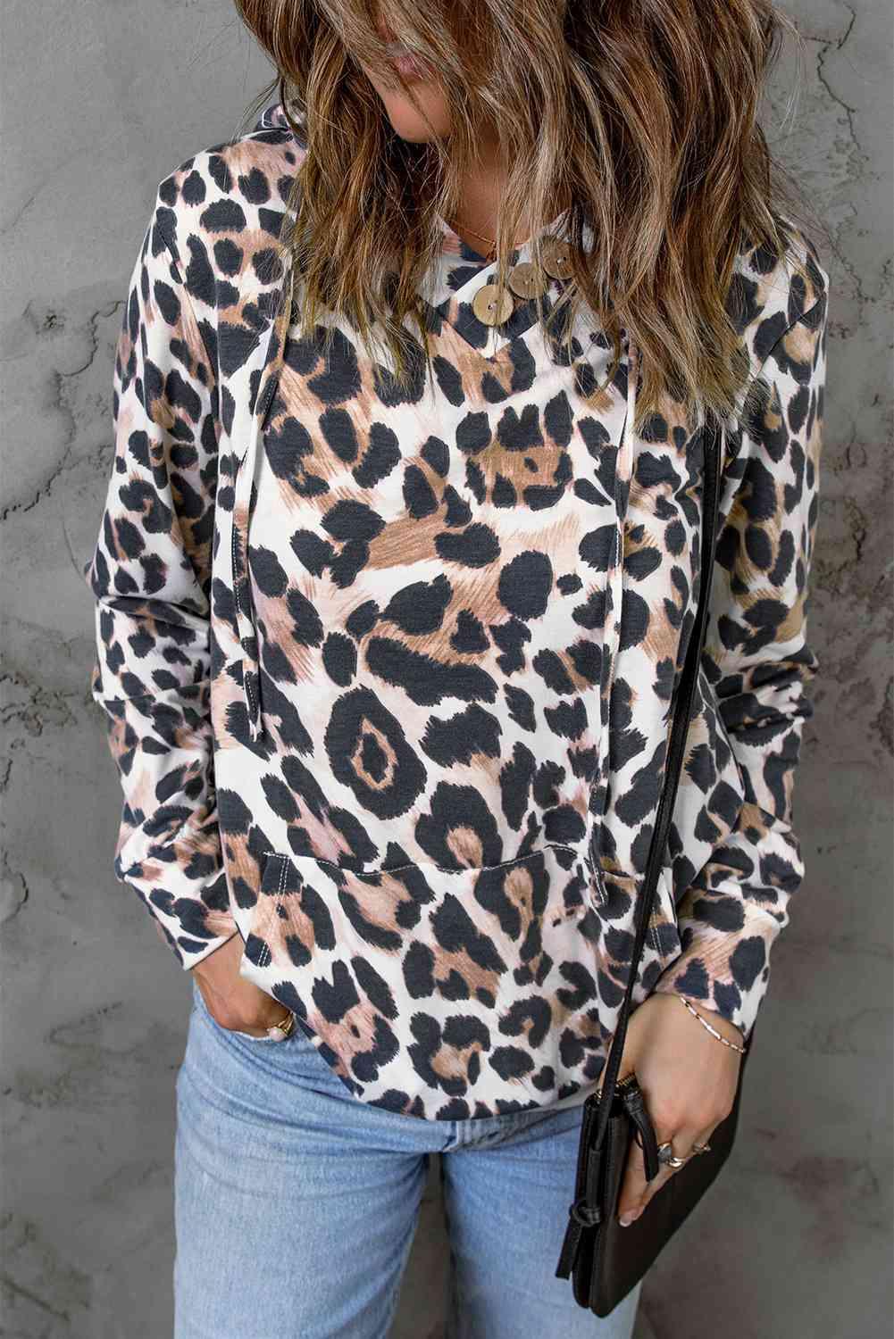 Animal Print Buttoned Drawstring Hoodie - Immenzive