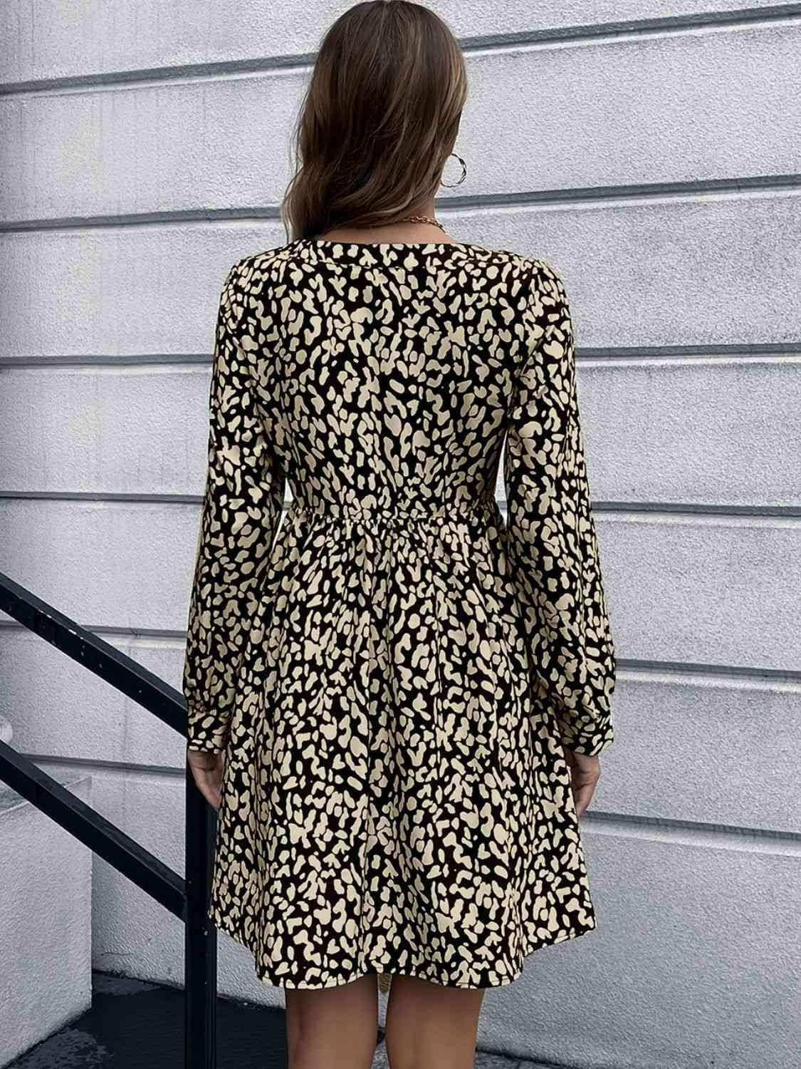 Animal Print Buttoned V-Neck Long Sleeve Dress - Immenzive