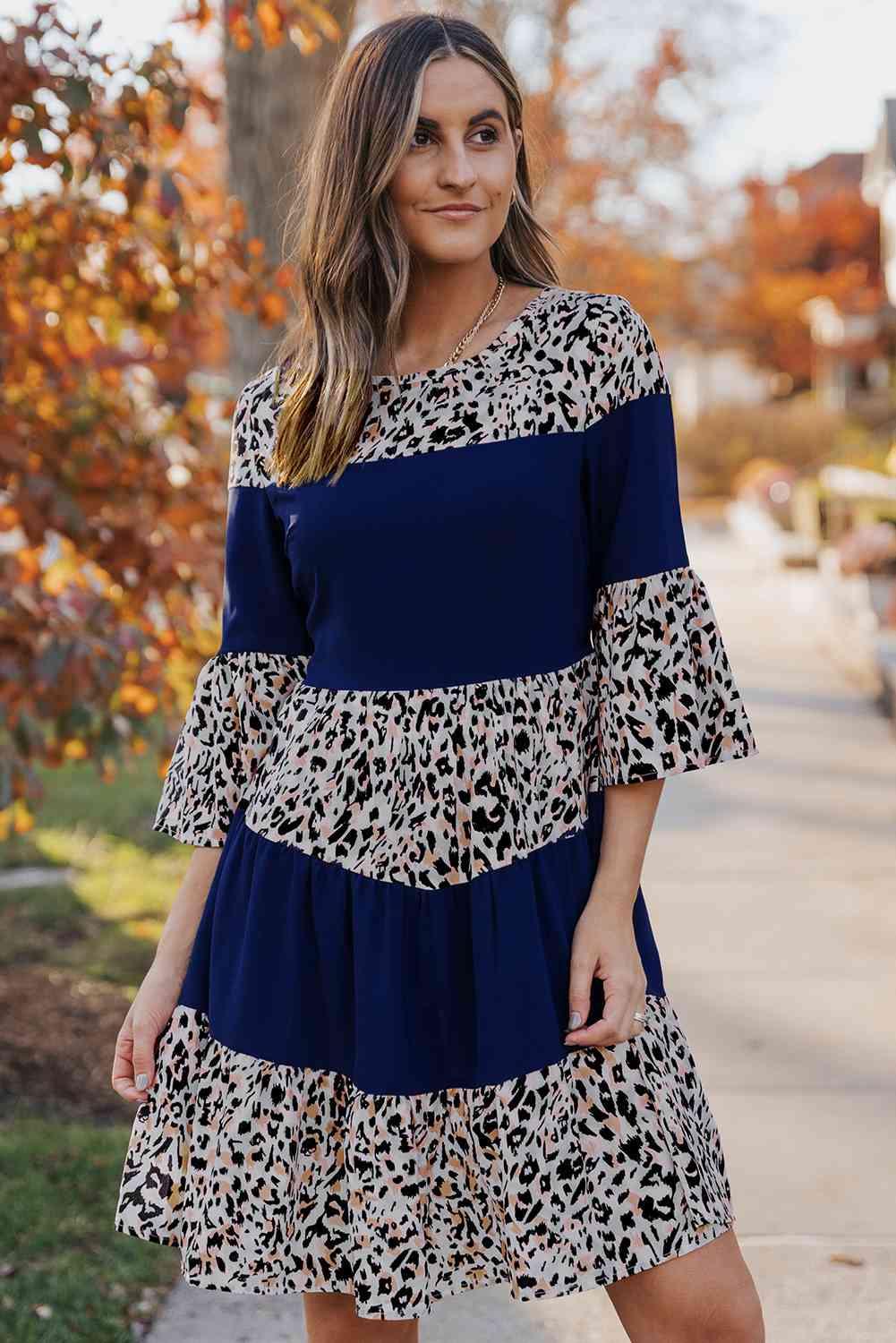 Animal Print Color Block Flare Sleeve Dress - Immenzive