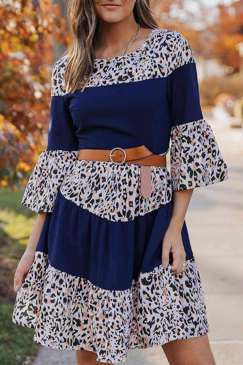 Animal Print Color Block Flare Sleeve Dress - Immenzive