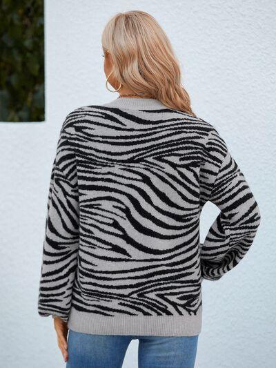 Animal Print Round Neck Dropped Shoulder Sweater - Immenzive