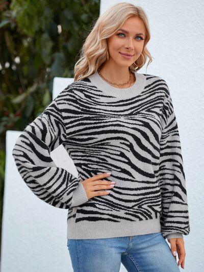 Animal Print Round Neck Dropped Shoulder Sweater - Immenzive