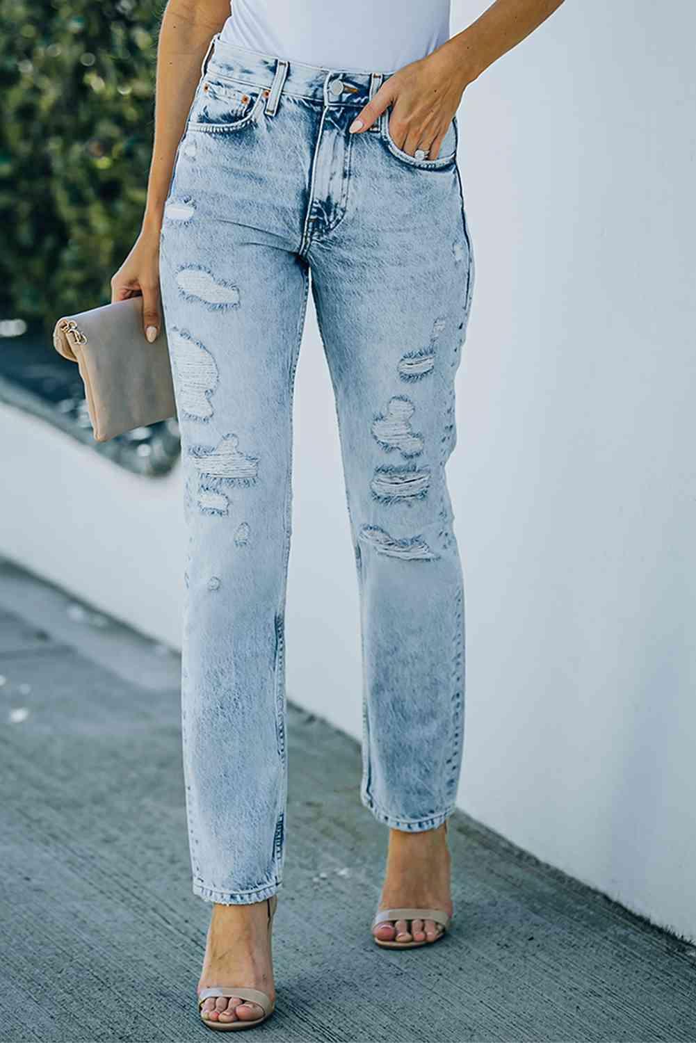 Baeful Acid Wash Distressed Jeans with Pockets - Immenzive