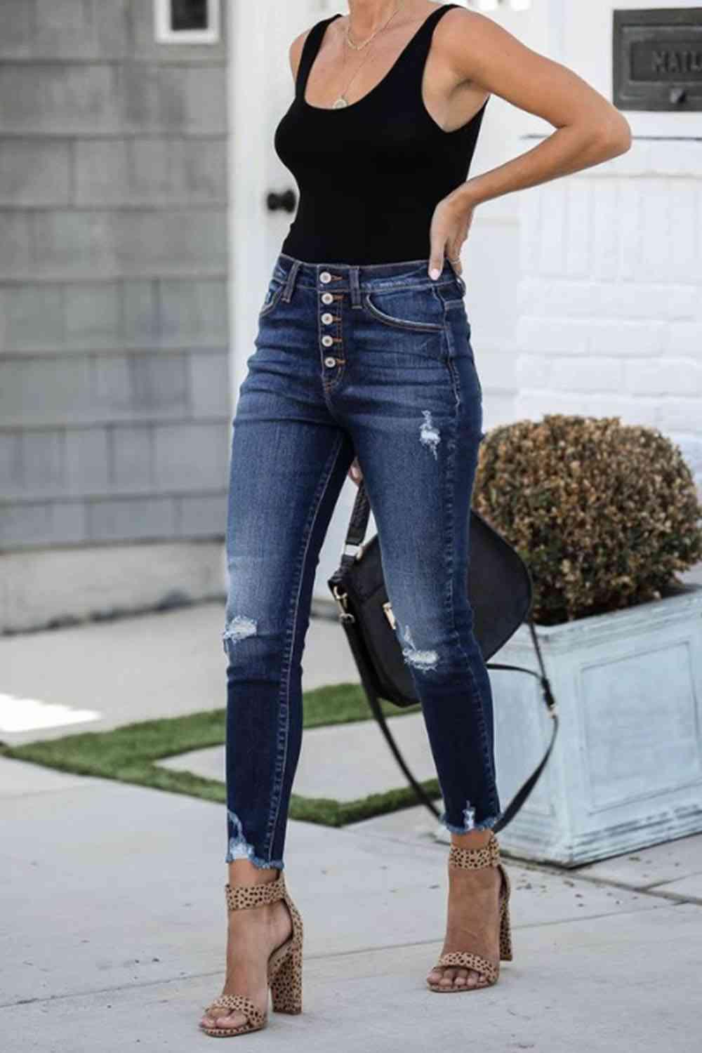 Buttoned Distressed Skinny Jeans - Immenzive
