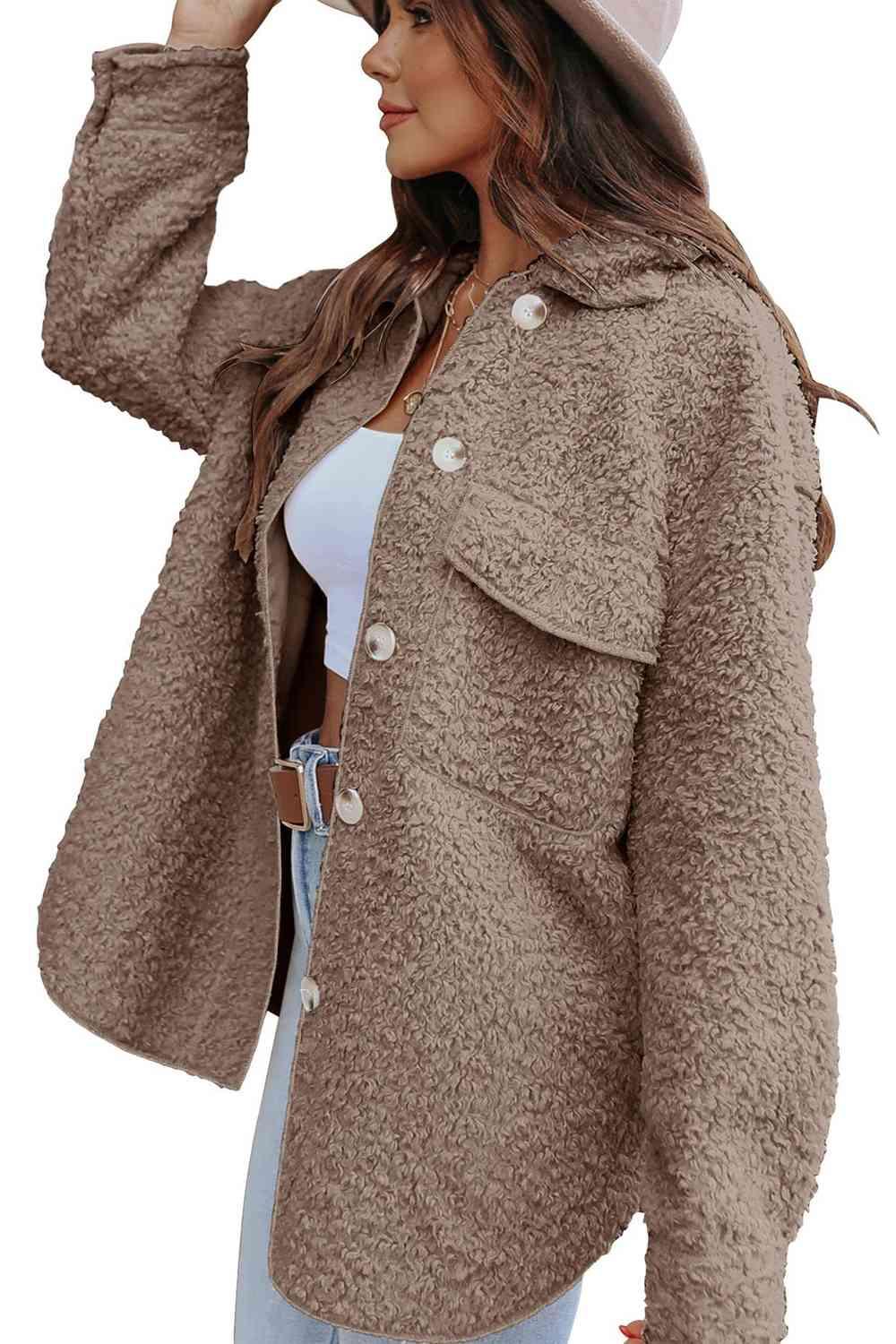 Collared Neck Button Front Coat with Pocket - Immenzive