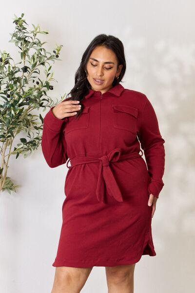 Culture Code Full Size Tie Front Half Zip Long Sleeve Shirt Dress - Immenzive