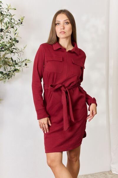 Culture Code Full Size Tie Front Half Zip Long Sleeve Shirt Dress - Immenzive
