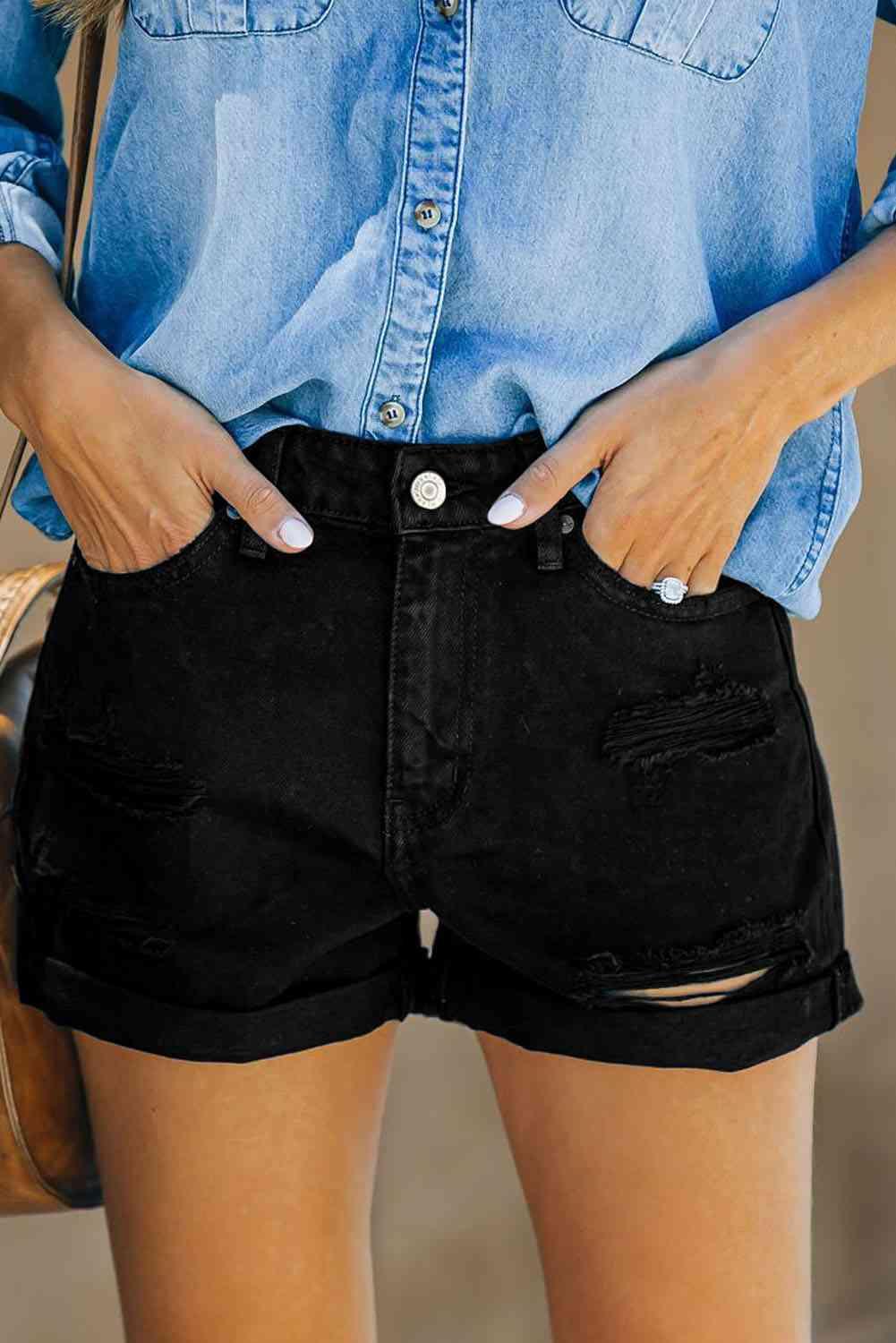 Distressed Cuffed Denim Shorts - Immenzive