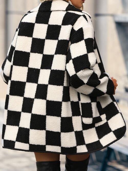 Double Take Full Size Checkered Button Front Coat with Pockets - Immenzive