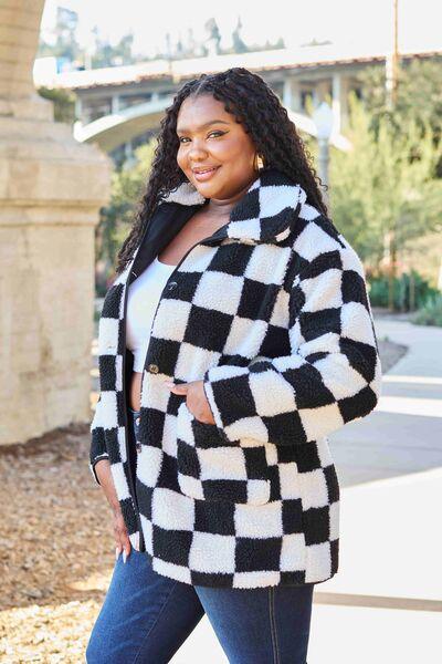 Double Take Full Size Checkered Button Front Coat with Pockets - Immenzive