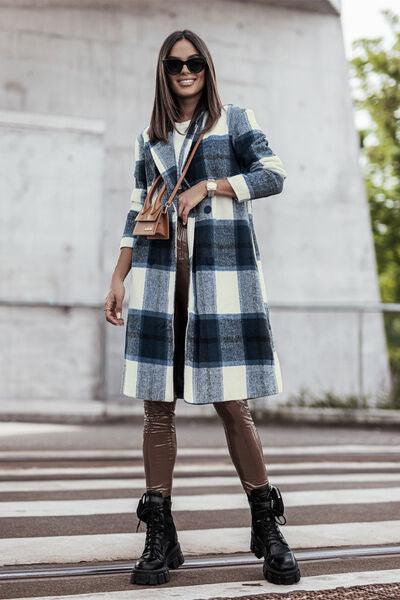 Double Take Full Size Plaid Button Up Lapel Collar Coat - Immenzive