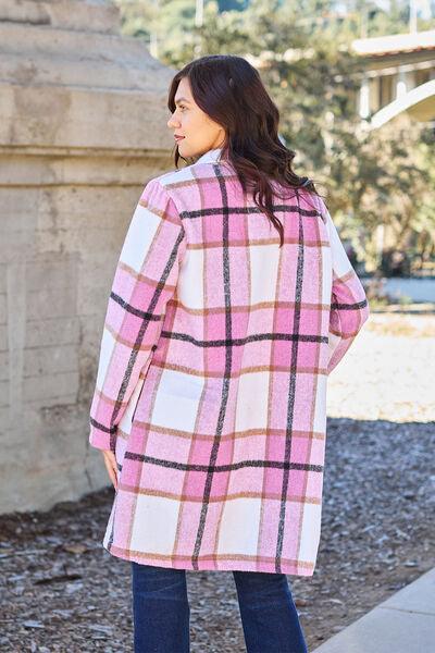 Double Take Full Size Plaid Button Up Lapel Collar Coat - Immenzive