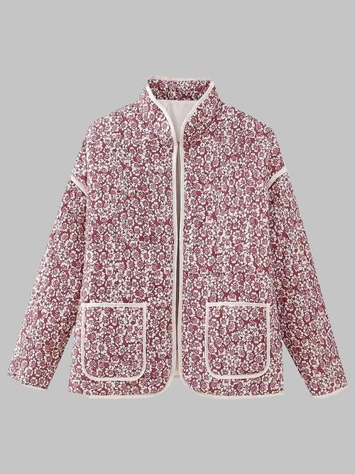 Floral Open Front Puffer Jacket with Pockets - Immenzive