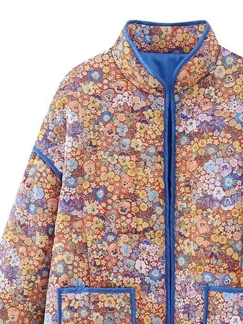 Floral Open Front Puffer Jacket with Pockets - Immenzive
