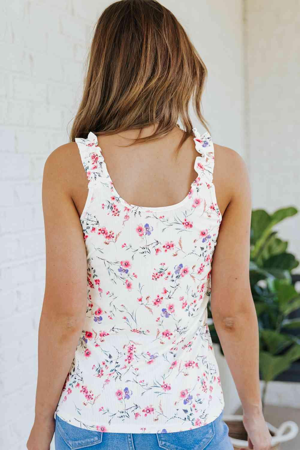 Floral Ruffle Strap Ribbed Tank - Immenzive