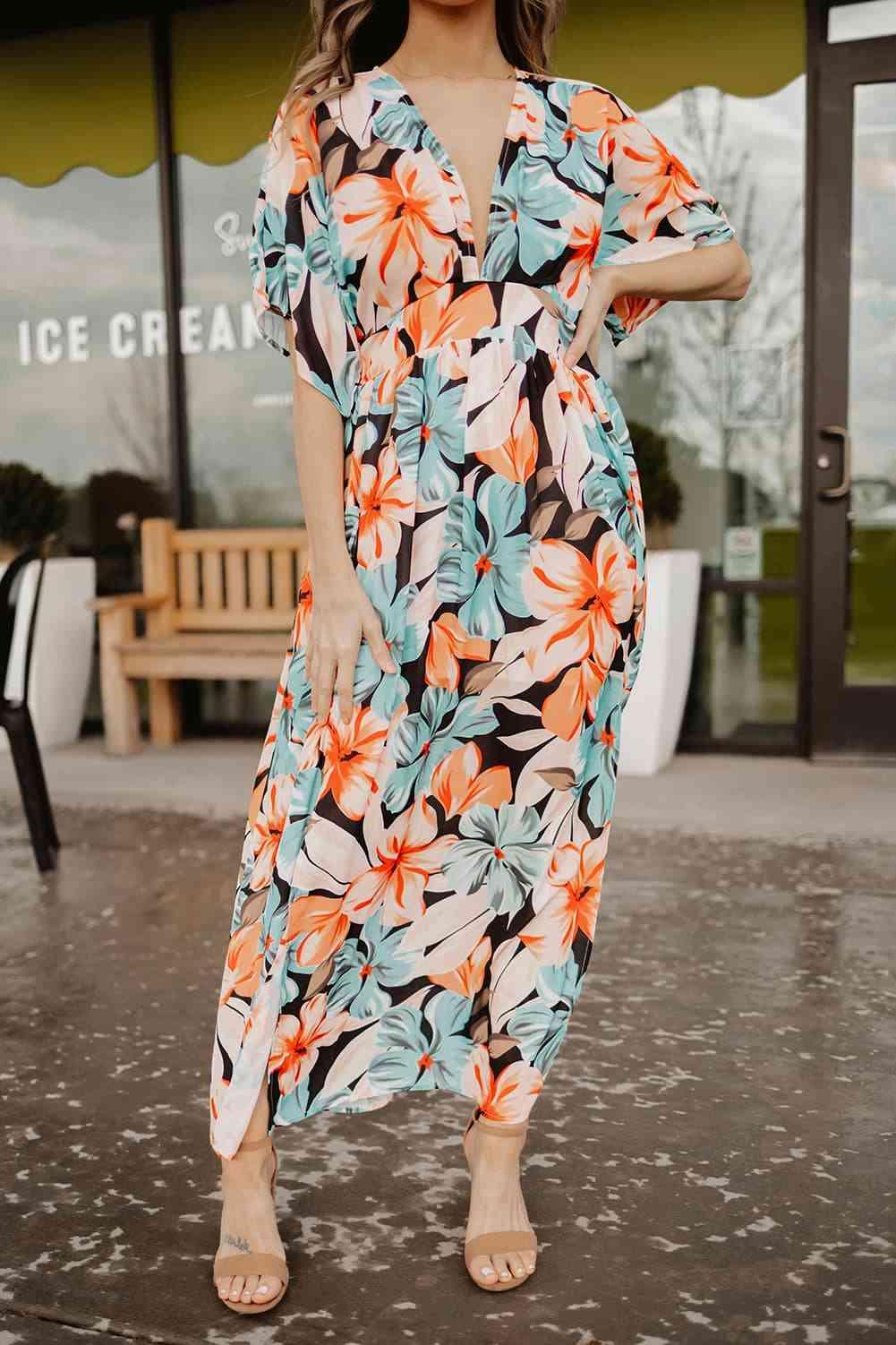 Floral Slit Plunge Short Sleeve Dress - Immenzive