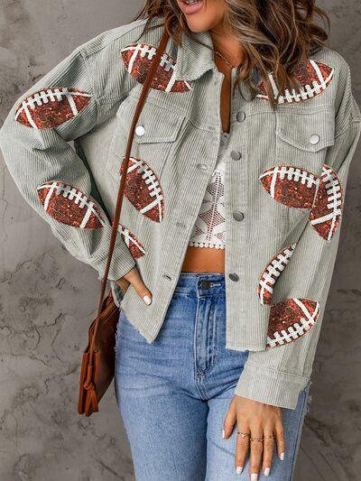 Football Sequin Button Up Dropped Shoulder Jacket - Immenzive