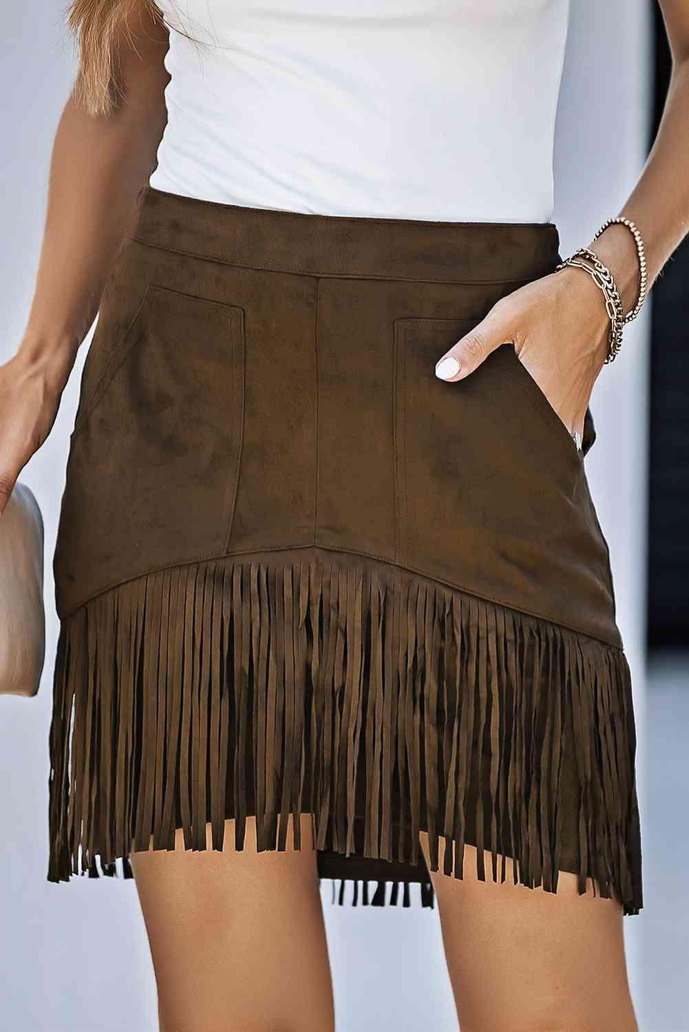 Fringe Detail Zip-Back Skirt with Pockets - Immenzive