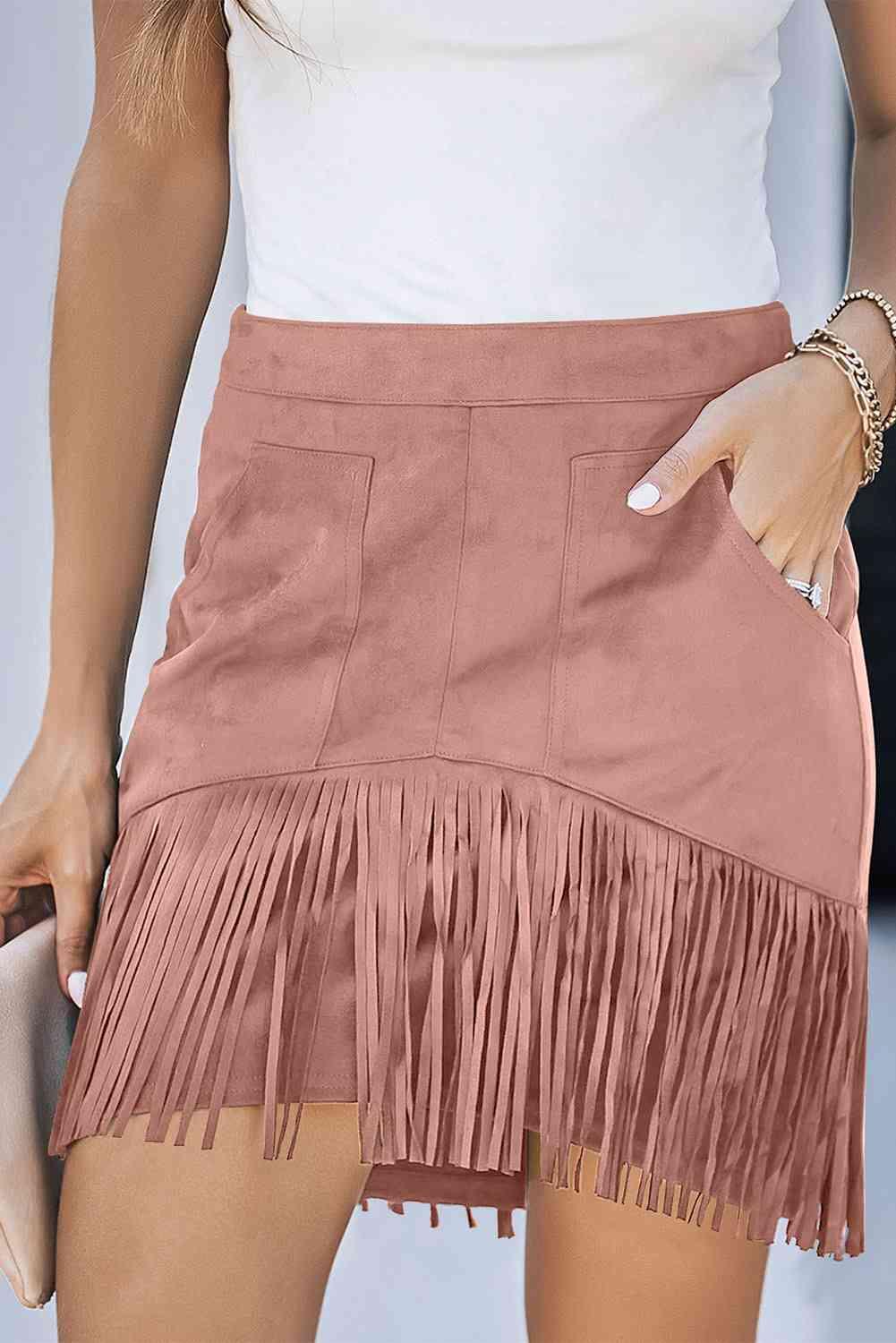 Fringe Detail Zip-Back Skirt with Pockets - Immenzive