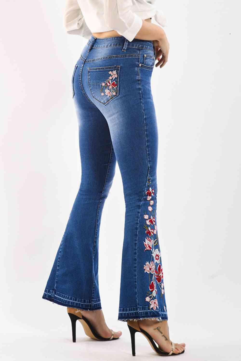 Full Size Flower Embroidery Wide Leg Jeans - Immenzive