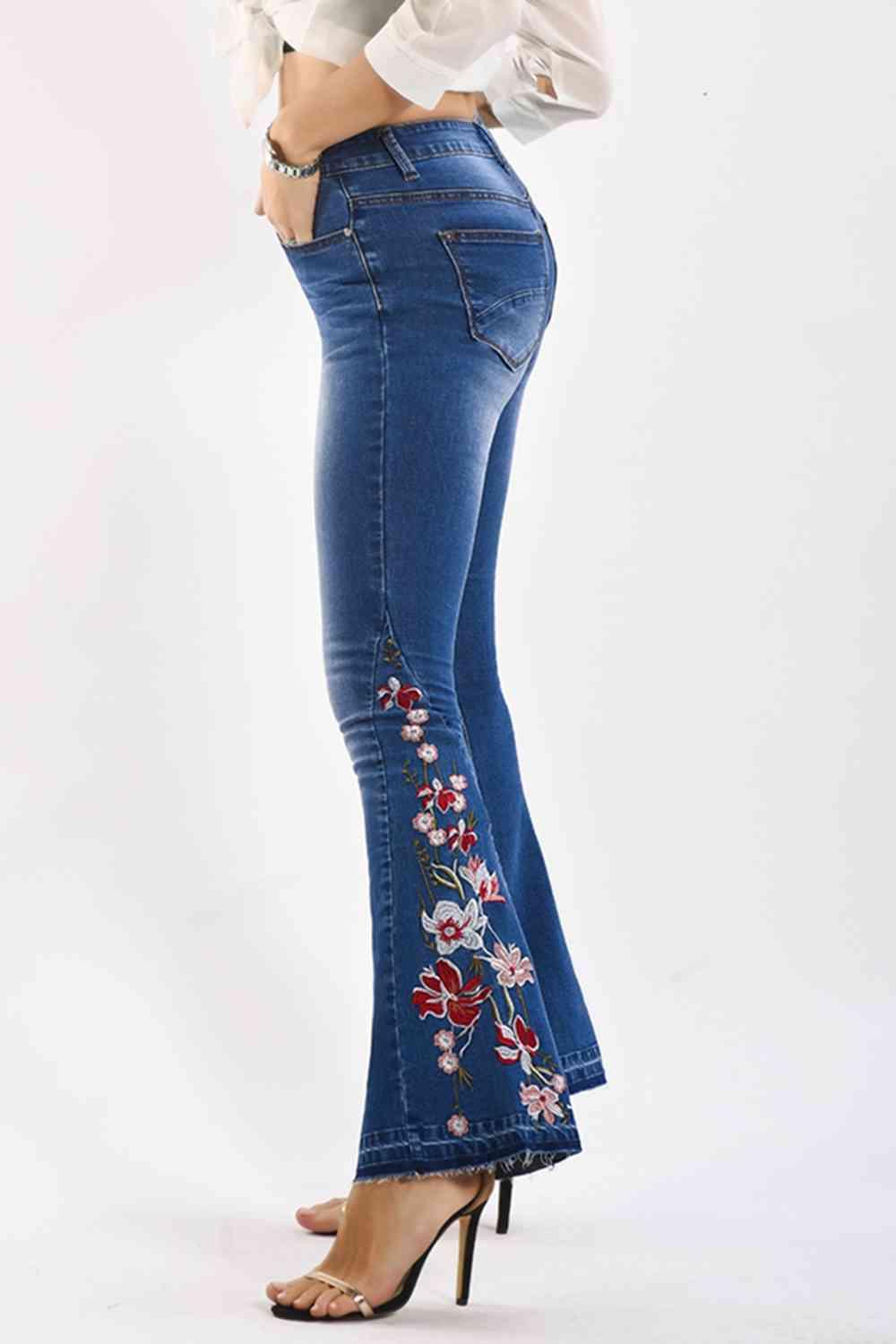 Full Size Flower Embroidery Wide Leg Jeans - Immenzive