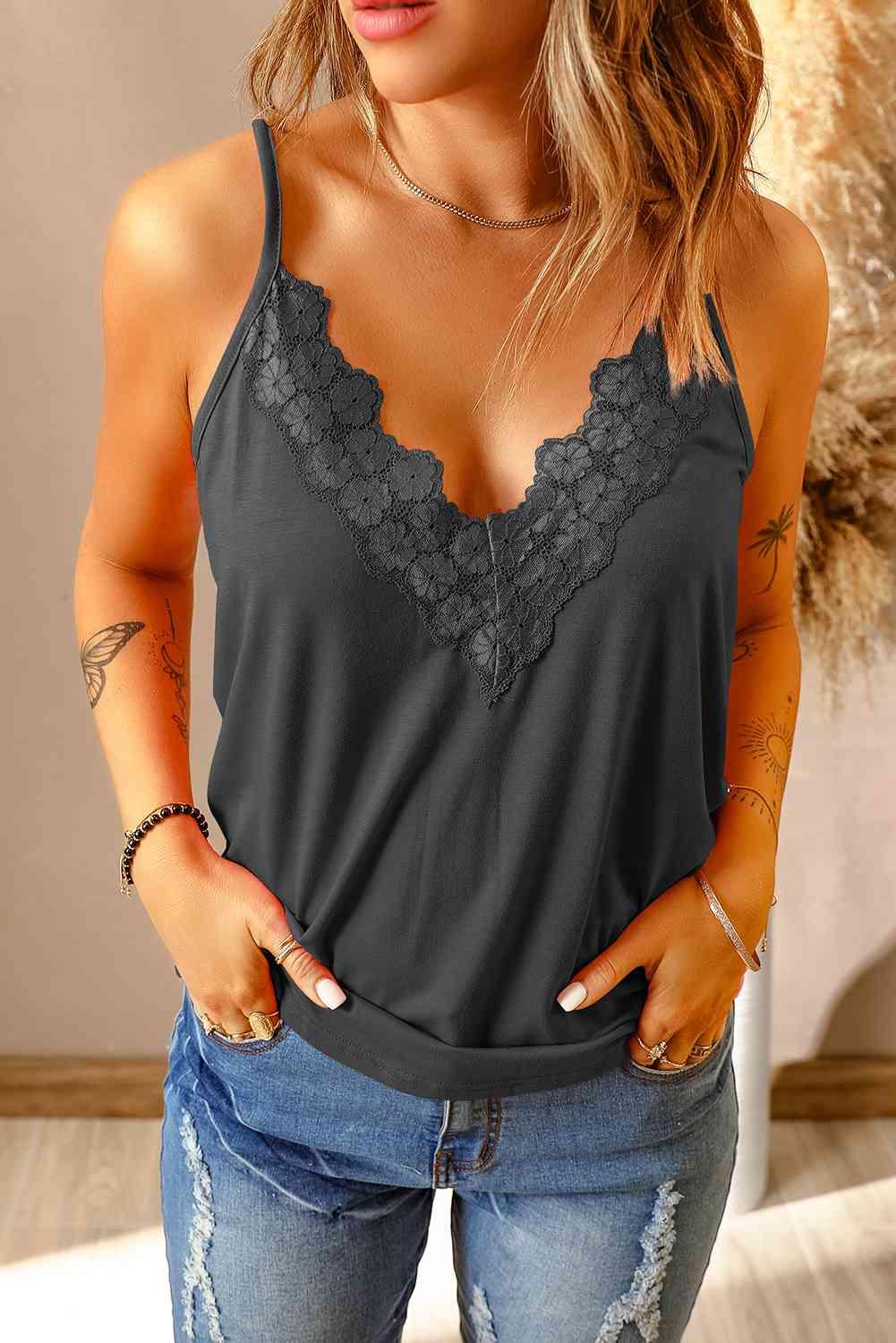 Full Size Lace Trim V-Neck Cami Top - Immenzive