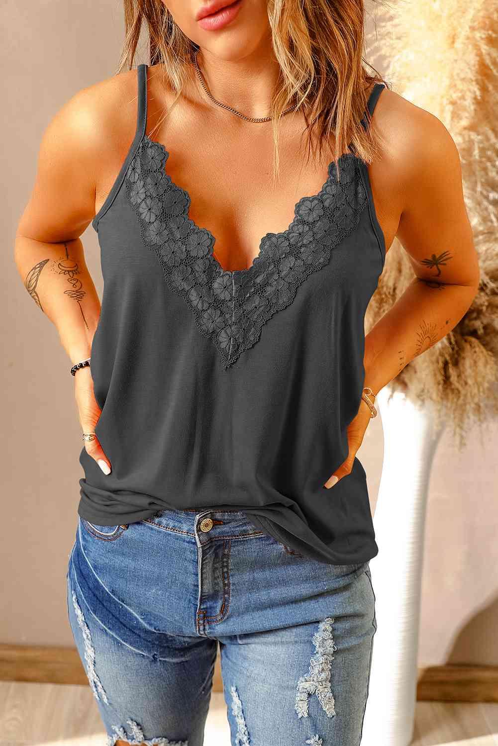 Full Size Lace Trim V-Neck Cami Top - Immenzive