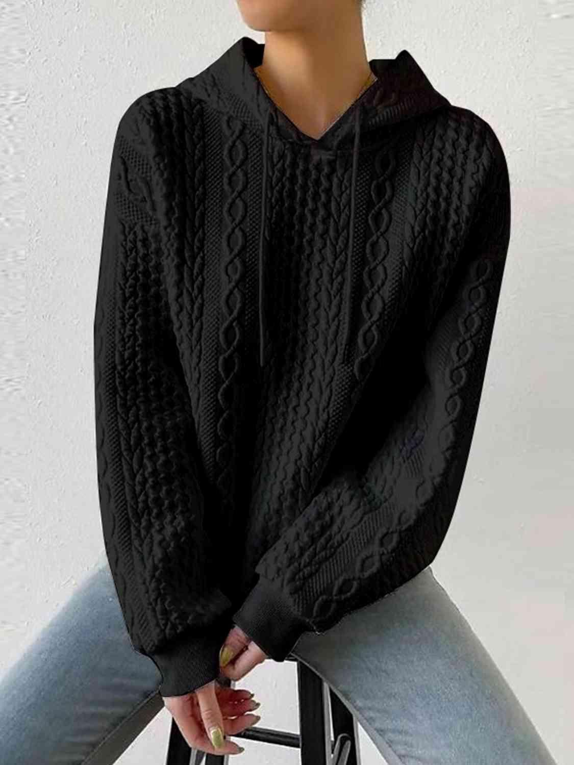 Full Size Textured Drawstring Long Sleeve Hoodie - Immenzive
