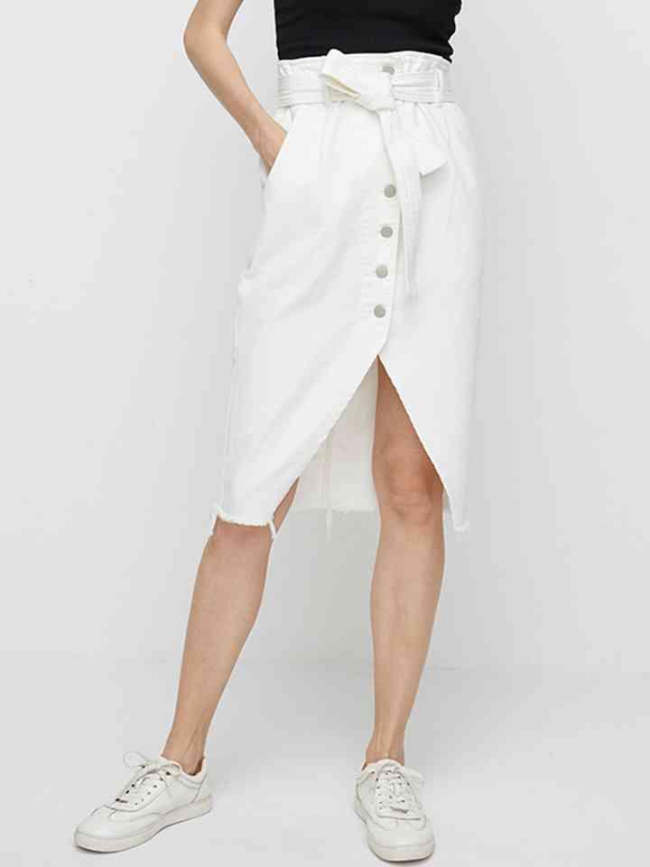 Full SizeTie Waist Buttoned Denim Skirt - Immenzive