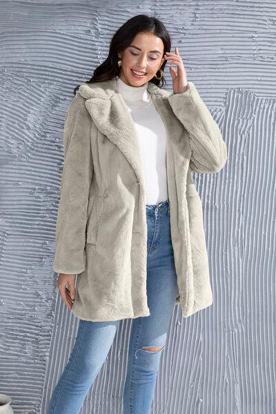 Fuzzy Button Up Lapel Collar Coat - Immenzive