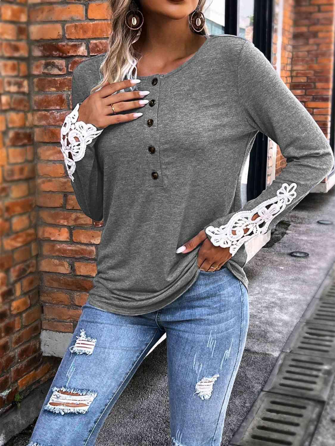 Half Button Lace Detail T-Shirt - Immenzive