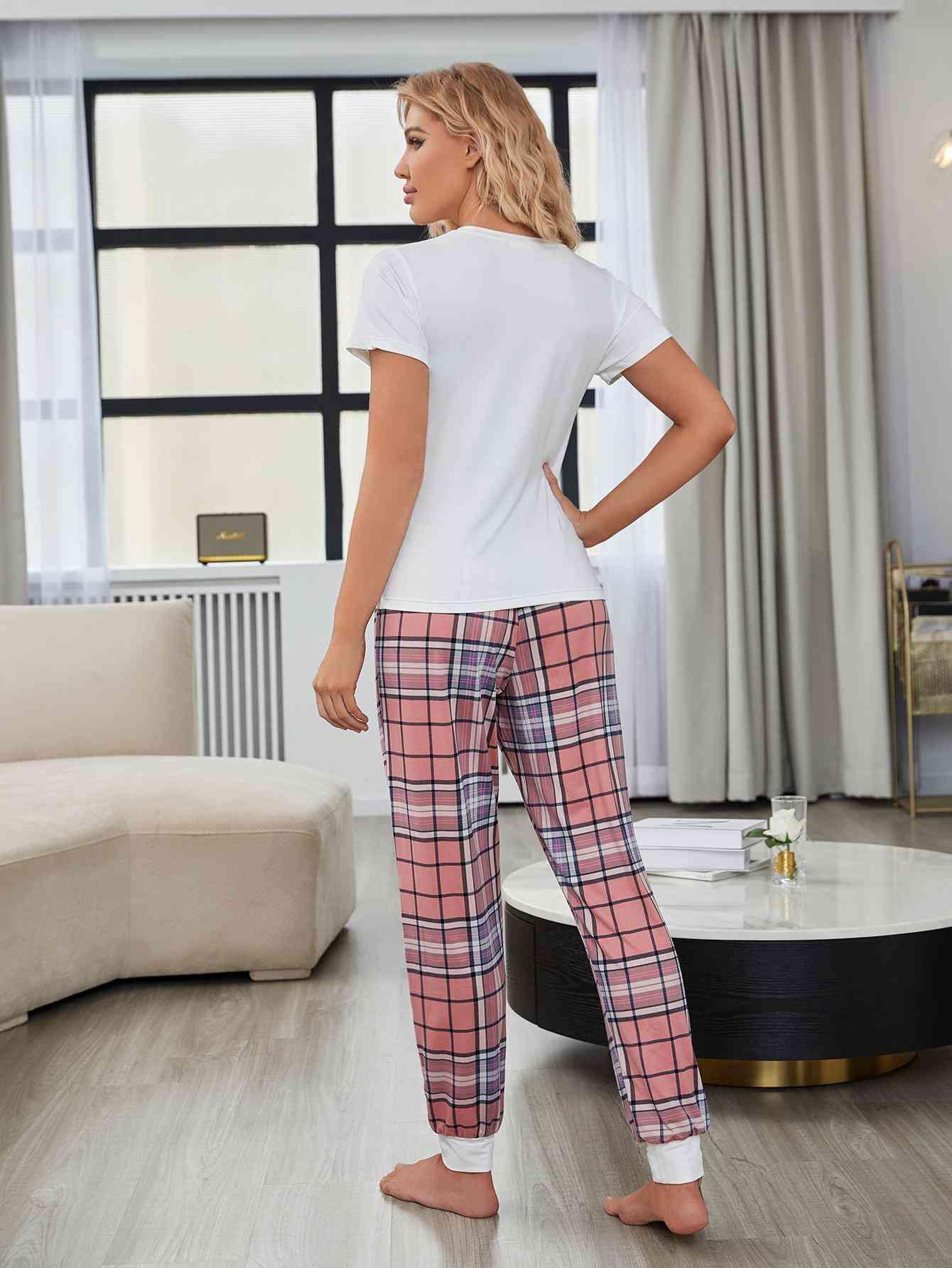 Heart Graphic Tee and Plaid Joggers Lounge Set - Immenzive