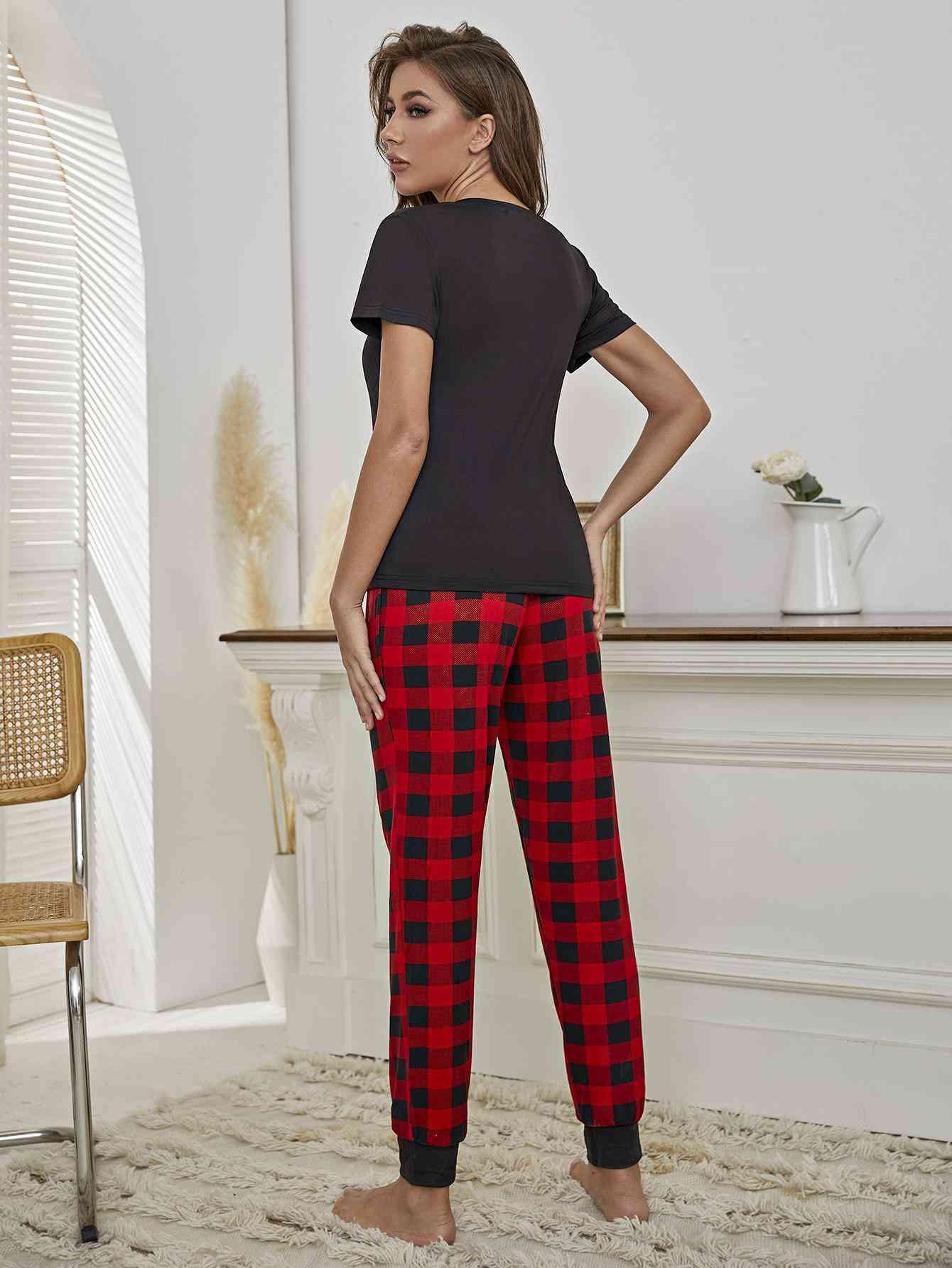 Heart Graphic Tee and Plaid Joggers Lounge Set - Immenzive