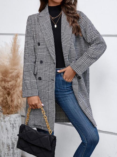 Houndstooth Laper Collar Buttoned Coat - Immenzive
