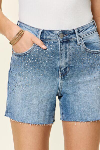 Judy Blue Full Size High Waist Rhinestone Decor Denim Shorts - Immenzive