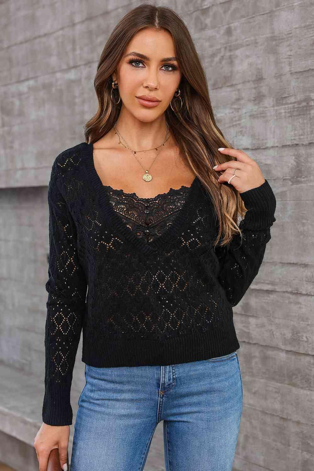 Lace Detail Openwork Knit Top - Immenzive
