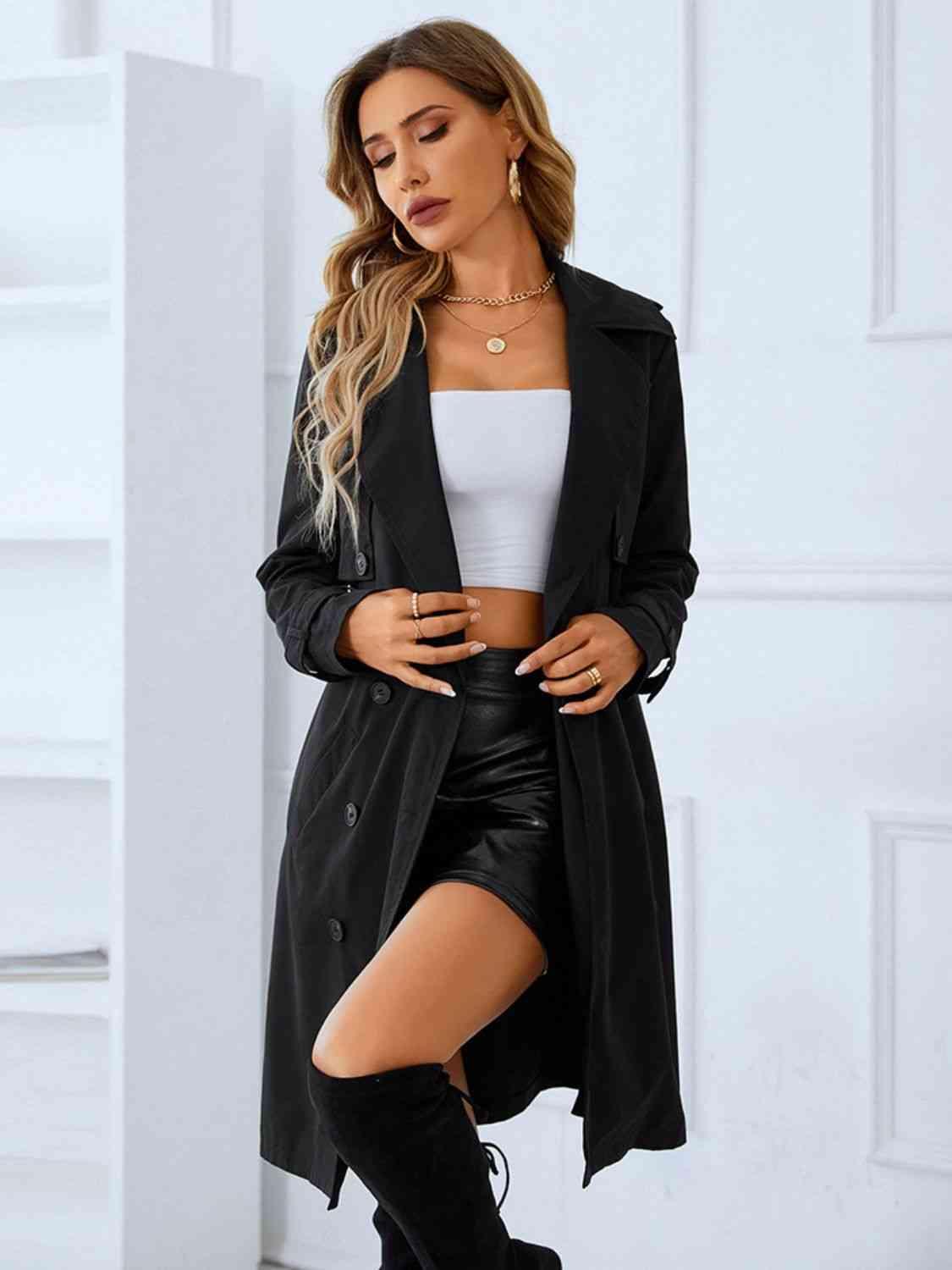 Lapel Collar Tie Belt Double-Breasted Trench Coat - Immenzive