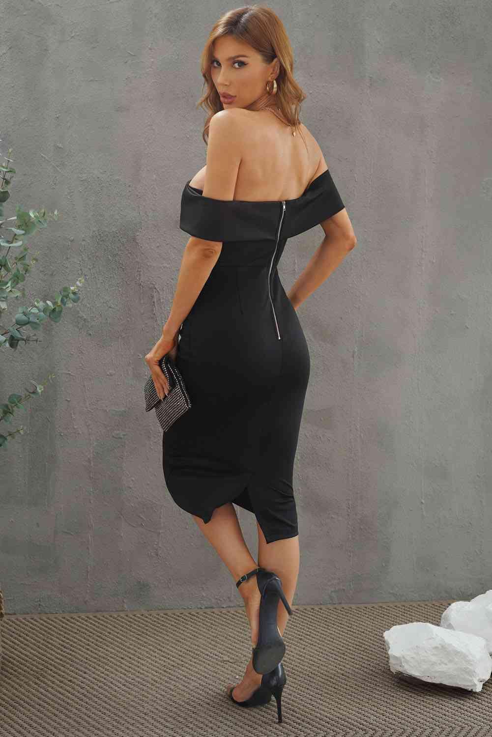 Off-Shoulder Zip-Back Slit Dress - Immenzive