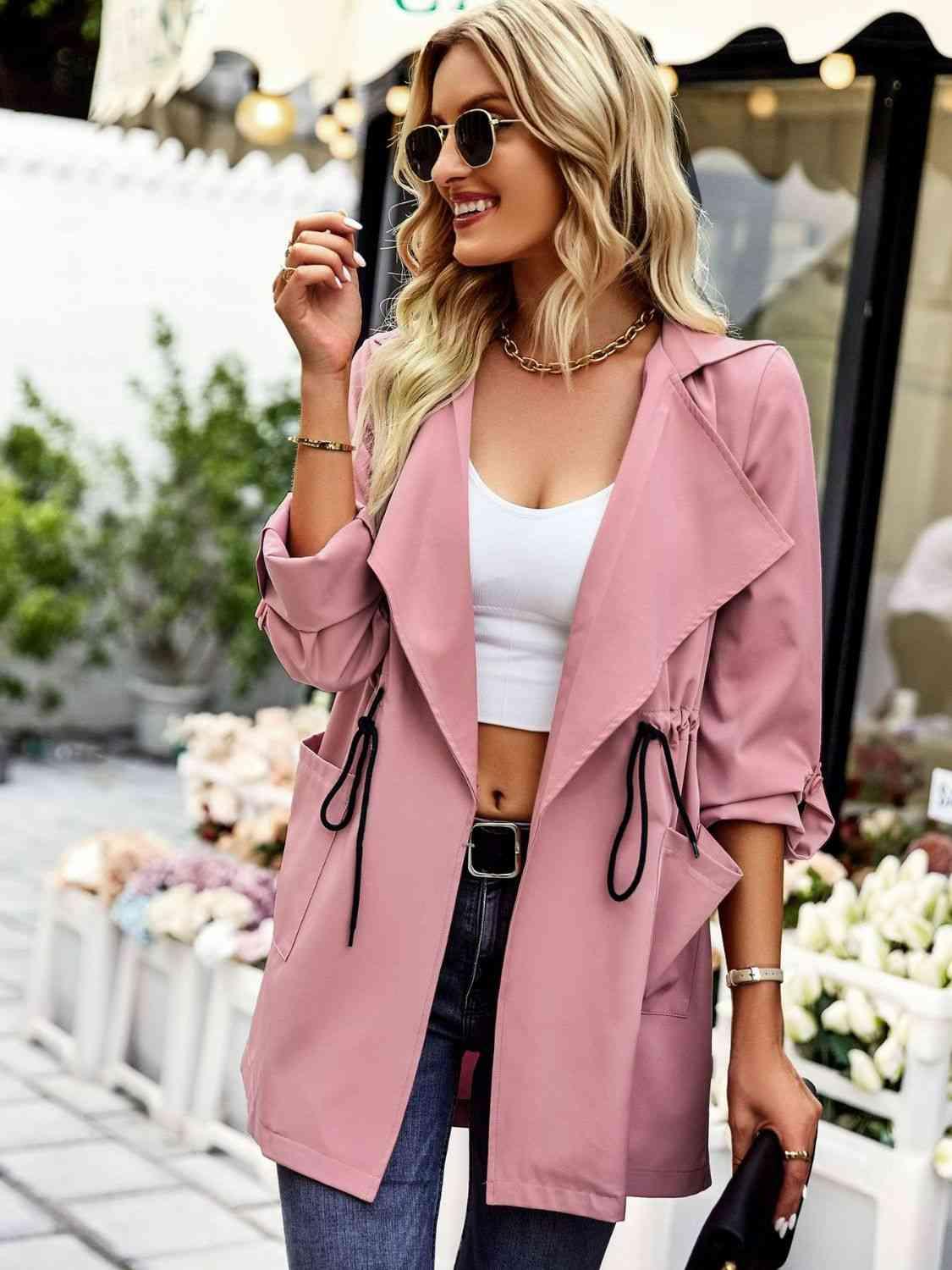 Open Front Drawstring Trench Coat with Pockets - Immenzive