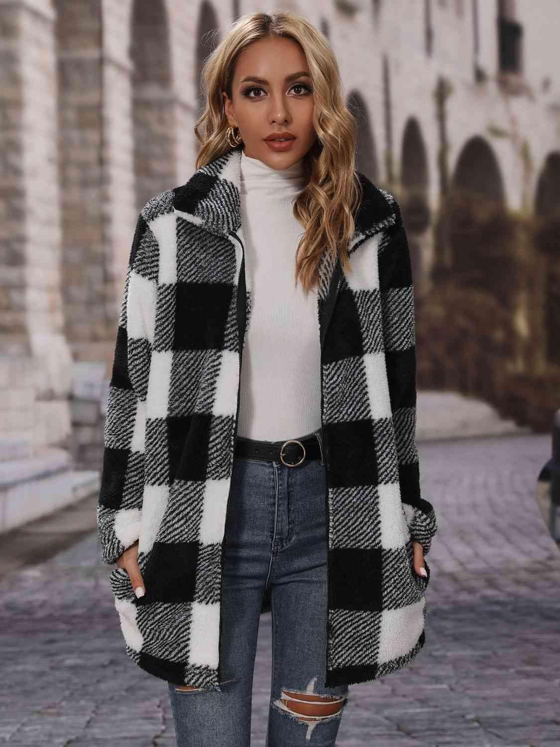 Plaid Collared Neck Coat with Pockets - Immenzive