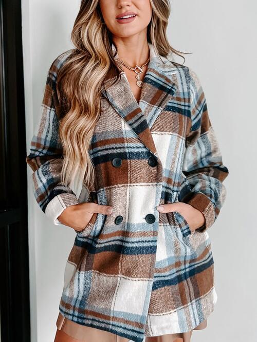 Plaid Double-Breasted Long Sleeve Coat - Immenzive