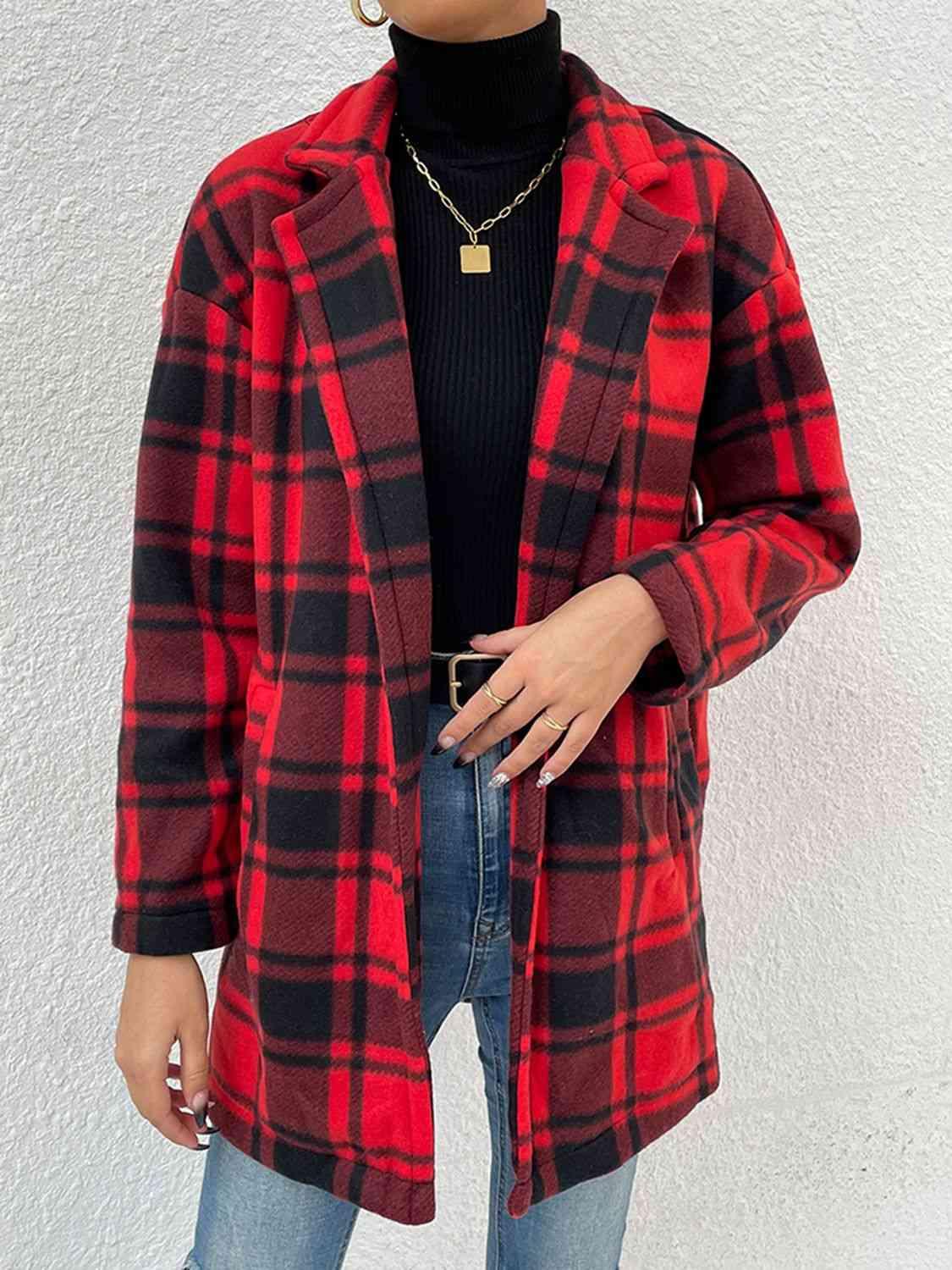 Plaid Lapel Collar Coat with Pockets - Immenzive