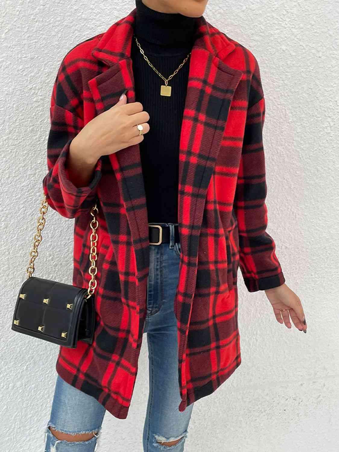 Plaid Lapel Collar Coat with Pockets - Immenzive